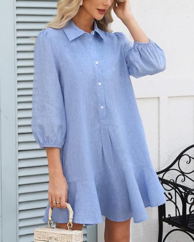 Image of YEXPINE Women Button Down Dress Casual 3 /4 Puff Sleeve Cotton Linen Dress Flowy Ruffle Hem Tunic Shirt Dresses