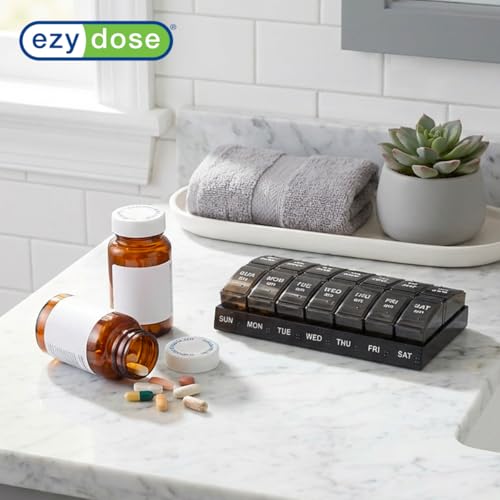 Image of EZY DOSE Weekly, AM /PM Daily Pill Organizer, 7-Day Medicine Planner, Vitamin Container, Small Pop-Out Compartments, 2 Times a Day Pill Holder, Black, Travel-Friendly, BPA Free