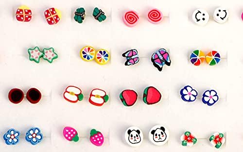 Be4Ever 100 Pairs Soft Pottery Hypoallergenic Mixed Colors Soft Pottery Cute Animals ,Flower and Fruit Studs Earrings Set for Girls, Kids