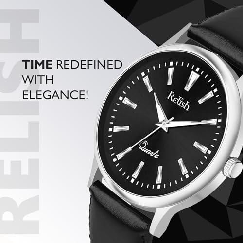 Image of Relish Watch for Men & Boys with Grey & Black PU Leather Strap, Quartz Analog Wrist Watch