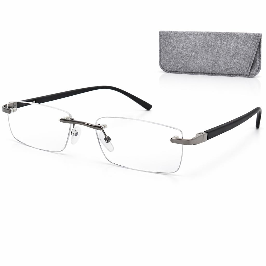 Mini Brille Men's Black - Rimless Reading Glasses With Rectangle Lenses, Including Free Case, Stainless Steel Frame (Black), Wo And Reading Glasses +1.50 Magnification