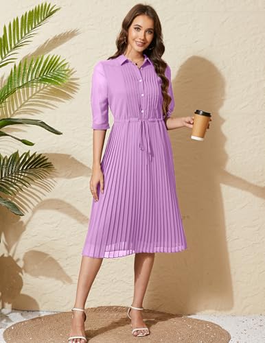 Image of Women V Neck 3 /4 Sleeve Pleated A-Line Dress with Belt Swing Midi Dresses for Spring Summer Autumn