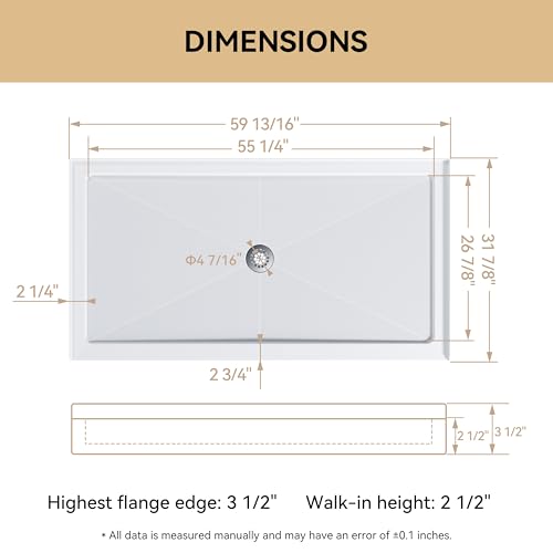 Image of HOROW 60 inch x 32 inch Shower Base, Center Drain Shower Pan, Low Profile Acrylic Base with Reinforced Fiberglass, Non-Slip Surface, Stainless Steel Drain Cover, Leak-Resistant for Bathroom