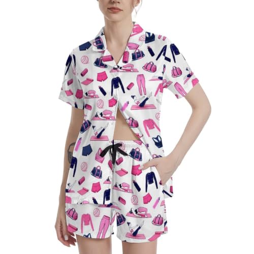 Image of Funny Pajamas for Women Set Print Satin Loungewear Pjs Short Sleeve Button Down Top and Shorts Sets Sleepwear XS-3XL
