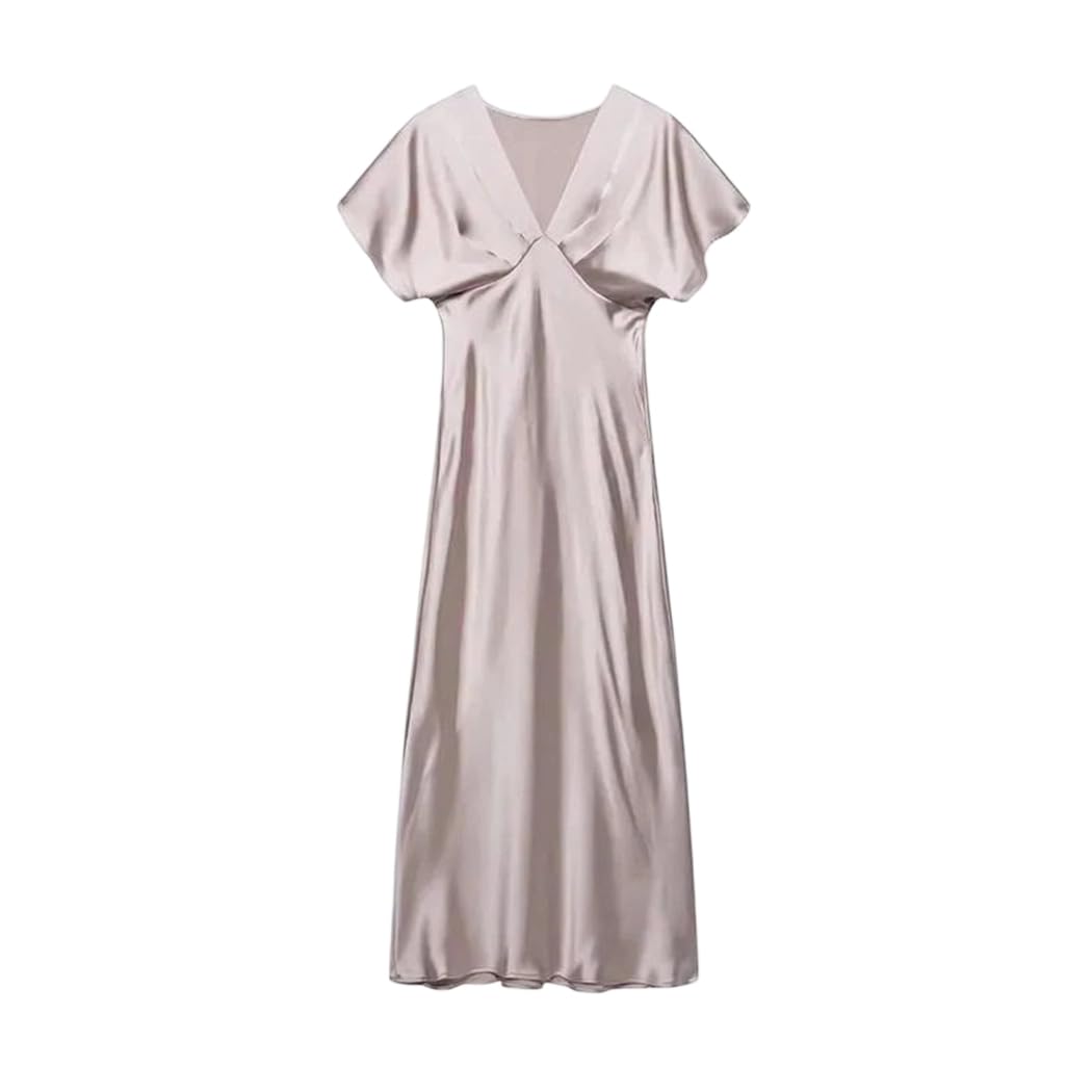 Vestido largo plisado de satén para mujer, cuello en V, manga corta, elegante, ajustado, vestido de fiesta de noche