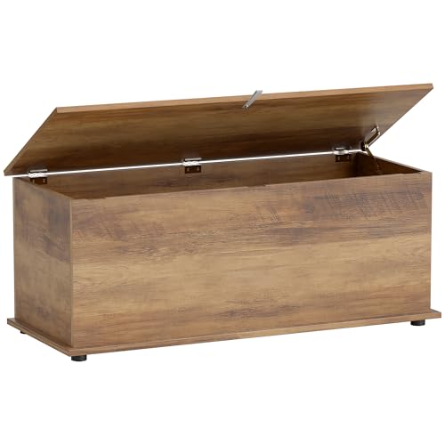 HOMCOM Coffre de Rangement, Banc de Rangement avec Couvercle Rabattable et charnières de sécurité, Banc Chaussures, Meuble d'entrée, Couloir, Chambre, Salon, 100 x 40 x 40 cm, Marron Grain Bois