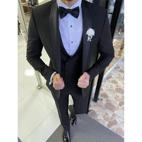Men Single Breasted Solid Color Wedding Groom 3-Piece Business Casual Suit Black3