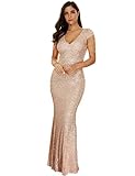 Women's Full Sequins Glitter V Neck Beads Maxi Gown Evening Long Prom Dress (S, Beige)