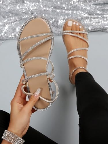 Image of GORGLITTER Women's Rhinestone Sparkly Metallic Strappy Flat Sandals Cute Toe Slip on Slide Sandals