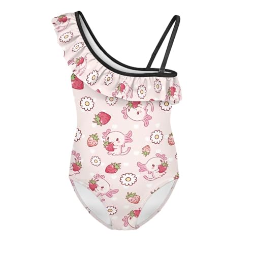 Girls Axolotl Ruffle One Shoulder Swimsuits with Backless Lightweight Breathable Bathing Suits Beach Swimwear