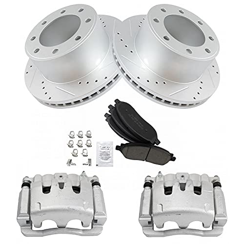 Image of TRQ Rear Performance Brake Pad, Caliper, & Rotor Kit Ceramic Vented Premium G-Coated Compatible with 2005-2007 Ford F-250 Super Duty F-350 Super Duty