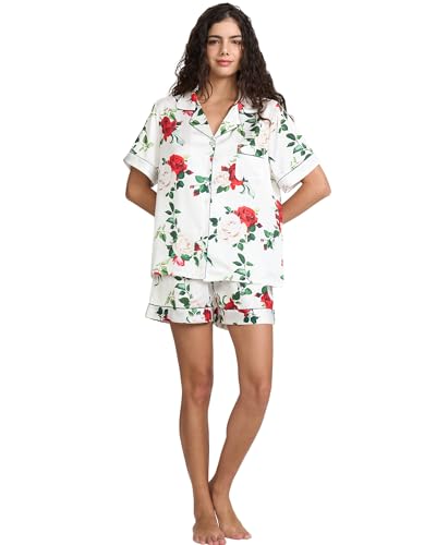 Image of YiNi LuLu Womens Silk Satin Shorts Pajamas Set Button Down 2 Piece Pjs Short Sleeve Oversized Sleepwear with Pockets