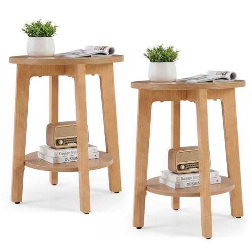DUMOS Small Round Side Tables for Small Spaces, 2-Tier Boho End Table with Storage Shelf, Sturdy Simple Trending Bedside Nightstand with Non-Slip Pads for Living Room, Bedroom, Wood