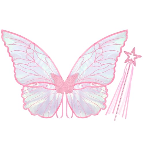 Fairy Wings for Girls Adult Fairy Costumes Halloween Cosplay Butterfly Costume for Girls with Fairy Wand Pink