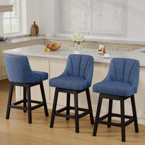 Image of YaFiti 26 inch Fabric Swivel Bar Stools Set of 3 with Back & Wood Leg,Navy Blue | Linen Fabric, Extra Upholstered Seat, Counter Stool, Square Solid Wood Legs, with Backrest & Footrest, for Kitchen Island Bar