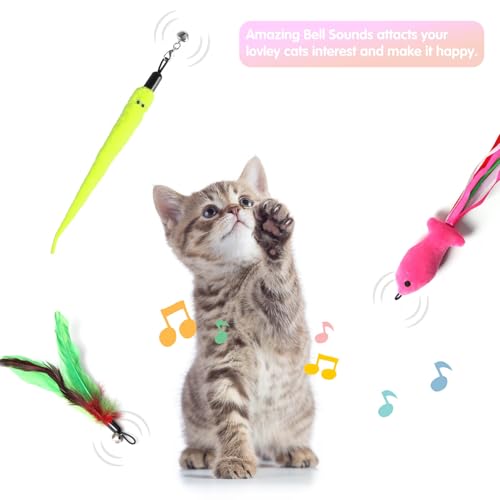 Image of Retractable Cat Toy Wand 12 Packs Interactive Cat Feather Toys | , 9 Assorted Teaser Refills with Bell for Kitten (Pink)