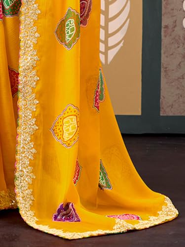 Image of SIRIL Women's Chiffon Bandhani Printed Saree, Sequence Embroidery Border