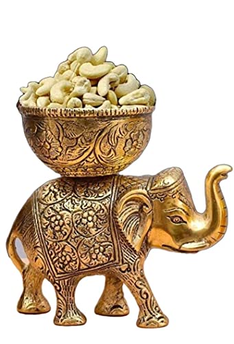 Brass Elephant Urli Bowl Ethnic Design Uruli Pot For Home Decor Floating Flowers Candle Lamps Temple Room Traditional Diwali Decoration Gift, 500 ML