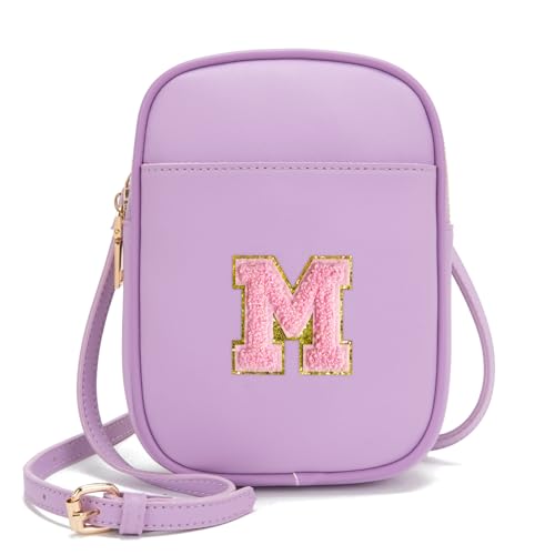 Toddler Purse Initial Crossbody Bags for Girls 3 Pockets PU Leather Cross Body Bag Crossbody Purse Handbag Personalized Preppy Teen Girl Gifts Trendy Stuff (Lavender M)