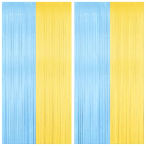 Image of Katchon, Light Blue and Yellow Fringe Backdrop - Feet, Pack of 2 | Blue and Yellow Birthday Decorations, Easter Backdrop Curtain | Sponge Party Decorations, Baby Shower Decorations for Home