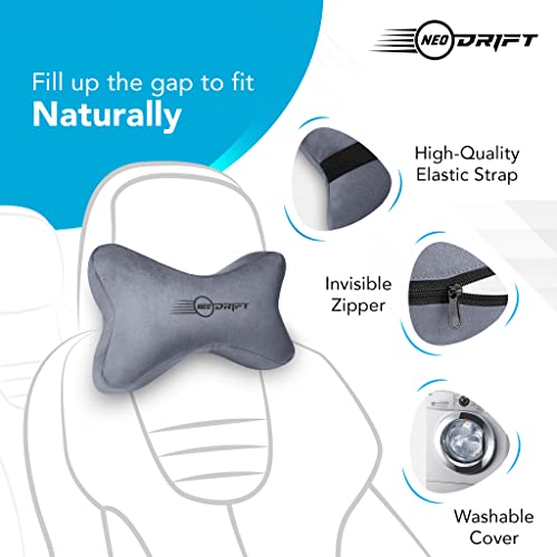 Image of Neodrift 'NeckBone' - Neck Rest Cushion Orthopedic Velvet Memory Foam Pillow for Neck, Head, Shoulder Support - Pain Relief for Car, Set of 2 (Colour-Gray)