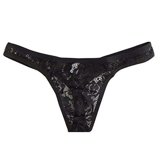 FEESHOW Men's Lace Flower Bikini Thongs G String Sissy Panties Underwear Black XX-Large(Waistline 29.0-40.0")