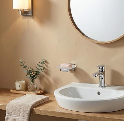 Image of Premium 304 Stainless Steel Soap Dish Holder with Frosted Glass Tray | Wall Mounted Rustproof Soap Stand for Bathroom, Shower, and Kitchen | Chrome Finish Heavy Duty Soap Case(Square 27)