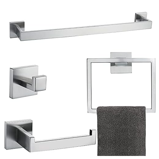 Brushed 4-Piece Bathroom Hardware Set Premium Stainless Steel Bath Towel Bar Sets Wall Mounted Square Bathroom Accessories Kit, 23.6 Inch Brushed Nickel