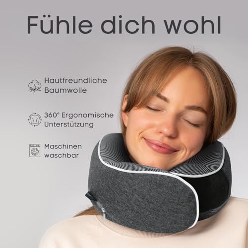 Proglobe Nackenkissen Flugzeug, Reisekissen 100% Memory Foam, Orthopädisches Nackenhörnchen, Für Reisen mit Flugzeug, Auto, Zug, Mit 3D-Schlafmaske, Hochwertige Netztasche (Dunkelgrau) 2