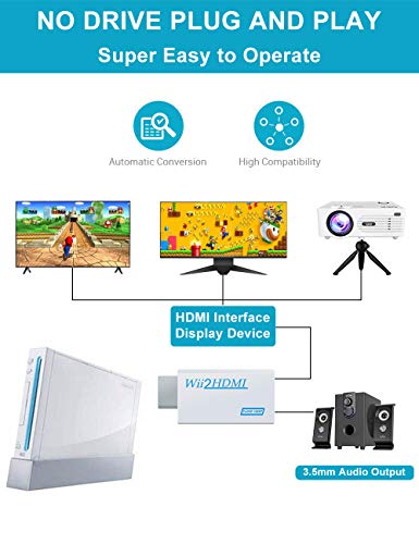 Wii To Hdmi Converter 1080P With High Speed Wii Hdmi Cable, Wii Hdmi Adapter With 3,5Mm Audio Jack&Hdmi Output Compatible With Wii, Wii U, Hdtv, Supports All Wii Display Modes 720P, Nts #TOP3