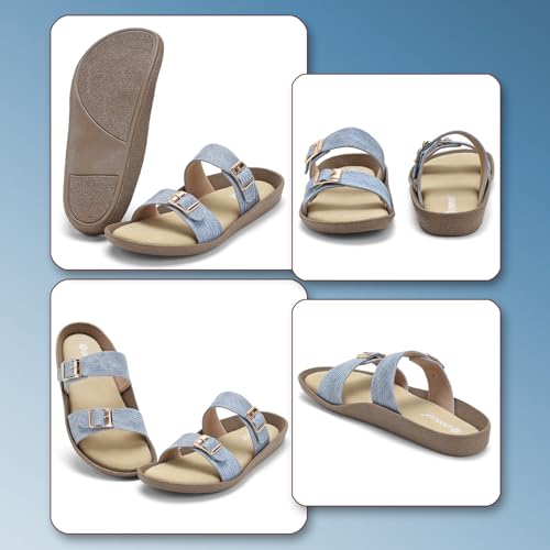 Image of Women Denim Double Strap Buckle Slides | Comfortable Casual Flat Slippers for Women | Lightweight Open Toe Slip-On Sandals Everyday Wear