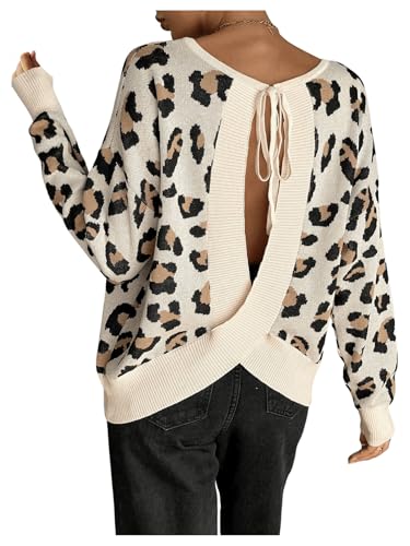 MakeMeChic Women's Leopard Print Open Back Crew Neck Long Sleeve Y2K Pullovers Sweater