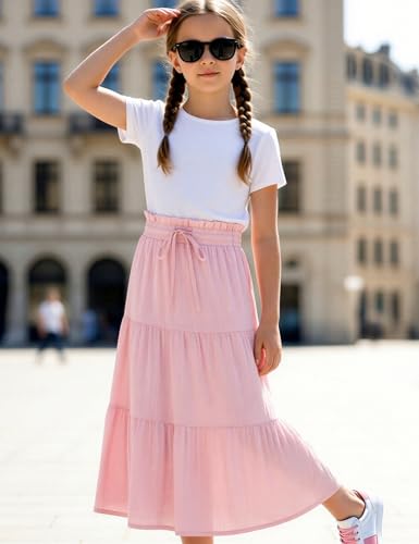Image of Maxi Skorts Skirt for Girls Button Front High Waisted Long Skirt with Belt Ruffled Skirts with Pocket 3-12Years