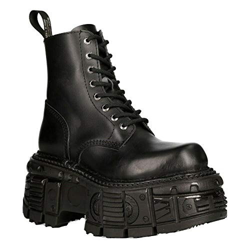 New Rock Boots M-MILI084N-S5 Men's Metallic Black 100% Leather Techno Platform Military Laces Fastening