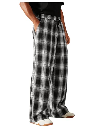 Floerns Men's Plaid Trousers Drawstring Waist Baggy Straight Leg Pants with Pocket