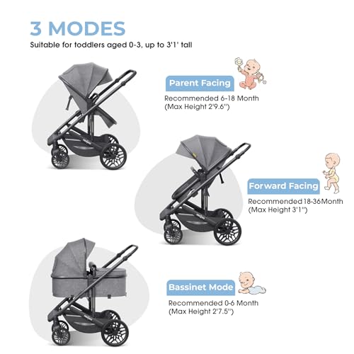 newyoo Bassinet Stroller for Baby, Convertible Infant Strollers w Reversible Seat & Cup Holder, 2-in-1 Rear-Facing Pram from Newborn to Toddler, One-Hand Easy Fold, Coches para Bebes, 516M, Grey