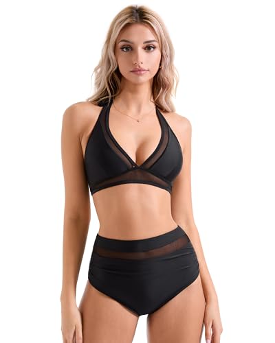 SUUKSESS Women Sexy High Waist Bikini Sets Mesh Tummy Control 2 Piece Swimsuits4