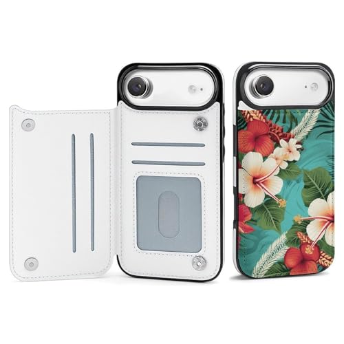 Étui portefeuille fin iPhone 17 fleurs hawaïennes coque verte antichoc