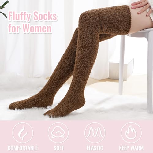 Image of Moon Wood Womens Thigh High Socks Long Soft Warm Leg Warmers Fuzzy Over Knee High Stockings Coral Fleece Plush Socks