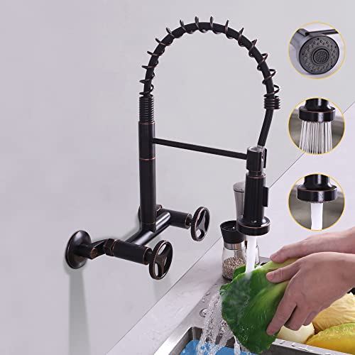 Dolgaba 2 Hole Wall Mount Kitchen Faucet With Sprayer Dual Handle Commercial Style Spring Sink Faucet, Orb Finished #TOP2