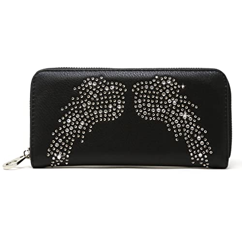 HANDBAG EXPRESS Rhinestone Bling Small Accordion Wallet Vegan Leather for Women for Cash Coin (7206-BK (Wings))