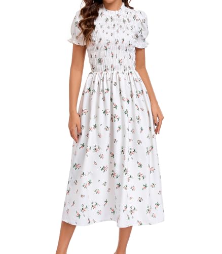 Image of RIHOAS Plaid Gingham Midi Dress Short Sleeve Smocked Dresses for Women | Cotton,Ruffle Puff Sleeves,Vintage Brown,Spring Summer Casual Daily,Picnic,Travel,Vacation,Christmas Festive Occasions