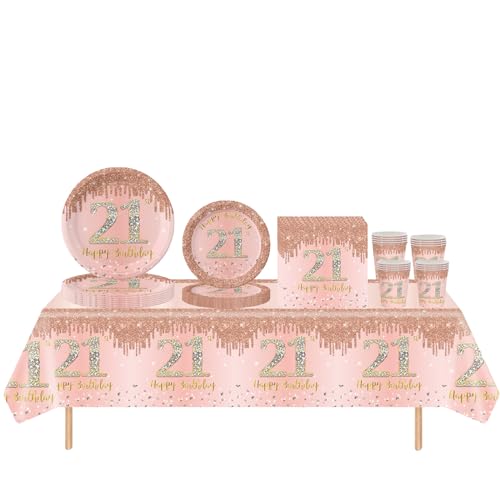 Image of 69pcs Rose Gold 21st Birthday Decorations - Happy Birthday Tablecloth, Paper Plates, Napkins, Cups for Him, Her