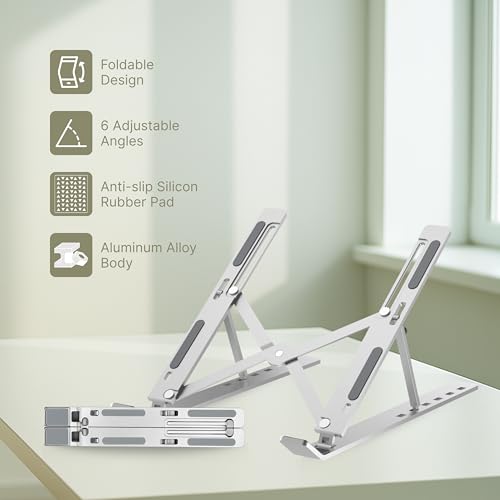 Image of Geonix Trek T3 Aluminium Ergonomic Laptop Stand | 7 Angles Adjustable Tabletop | Anti Slip Rubber Pads | Foldable | Compatible with Laptops Upto 17 inch (Silver)
