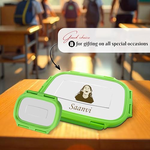 Image of SAVRI Personalized Kids Stainless Steel Lunch Box Green- Customized Photo & Name Laser Printed Tiffin Box | Leakproof School Snack Storage for Boys & Girls | Birthday Return Gift, Daycare &Picnic Use