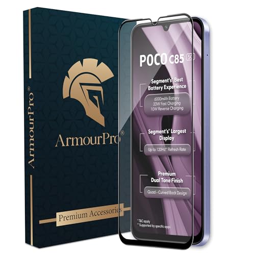 Image of ArmourPro Tempered Glass for Poco C85-9H Screen Protector with Black Border, Anti Scratch, Edge-to-Edge Coverage, HD Clarity, Smooth Touch, Case Friendly | Black