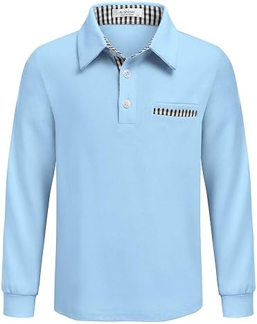 Arshiner Jungen Poloshirt Langarm mit Brusttasche und kariertem Besatz | Weiches elastisches Polohemd mit Knopfleiste Brusttasche und kariertem Besatz als Schulshirt und Freizeitob