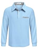 Arshiner Jungen Poloshirt Langarm Schuluniformen Kinder Weiches Elastisches Polohemd mit Knopfleiste & Brusttasche, Herbst Oberteil Hellblau, 9-10 Jahre