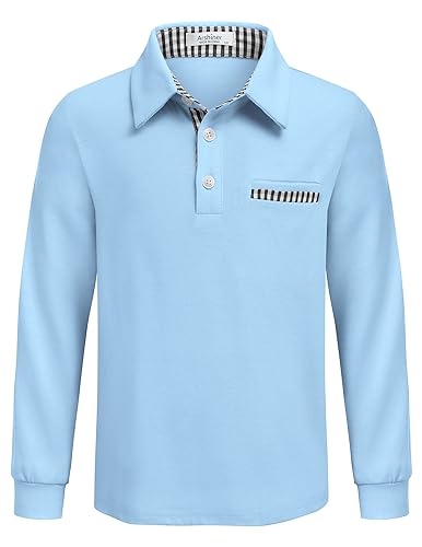 Arshiner - Arshiner Jungen Poloshirt Langarm Schuluniformen Kinder Weiches Elastisches Polohemd mit Knopfleiste & Brusttasche, Herbst Oberteil Hellblau, 9-10 Jahre - -15%
