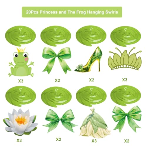 Image of 20Pcs Princess and Frog Hanging Swirls, Princess Coquette Bow Hanging Decor Whirl, Green Frog Birthday Party Ceiling Streamers for Frog Princess Party, Princess Baby Shower, Garden Birthday Decoration